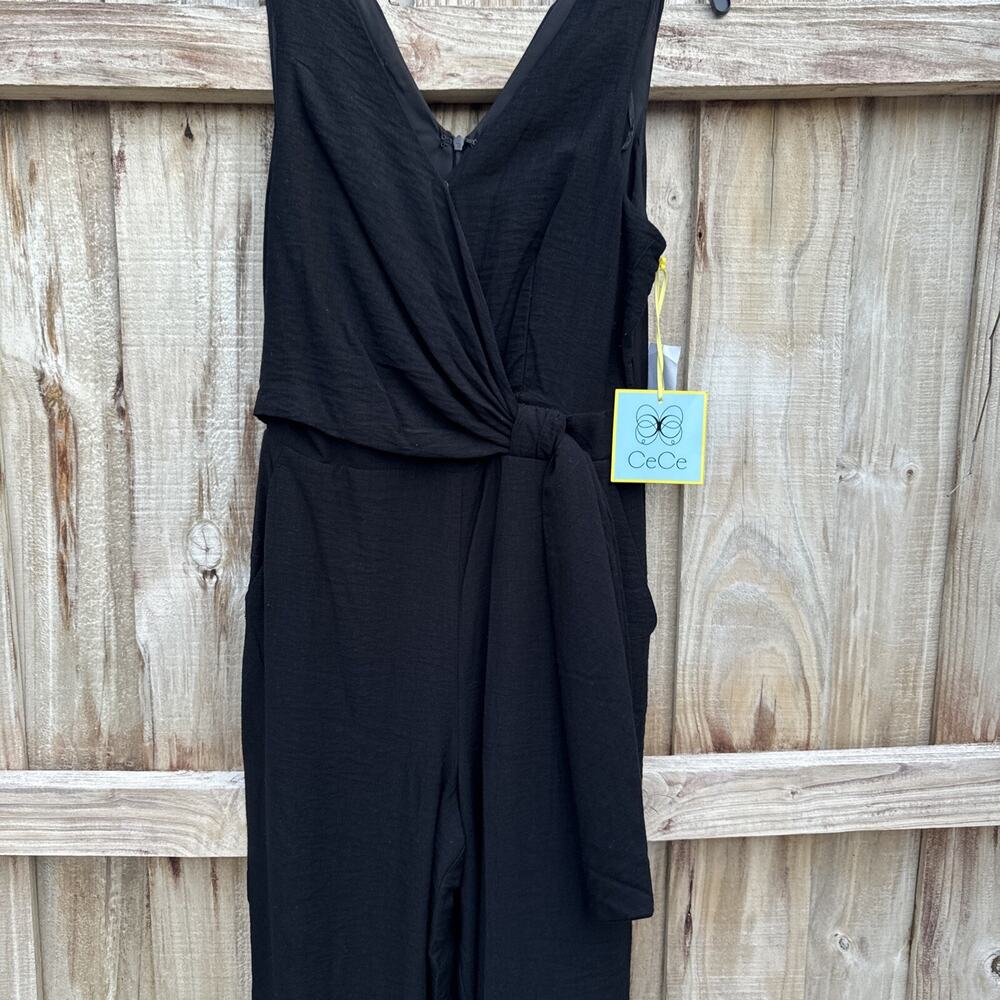 CeCe by Cynthia Steffe black crepe wide leg belted jumpsuit Quiet luxury Chic 0